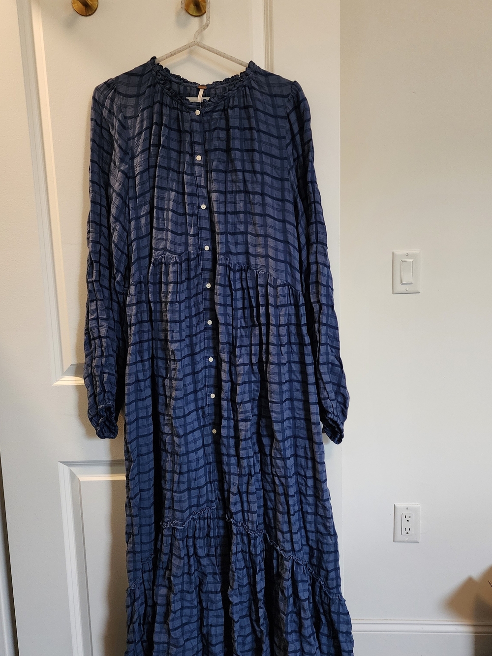 NWT Free People Navy Plaid Tiered Maxi Dress